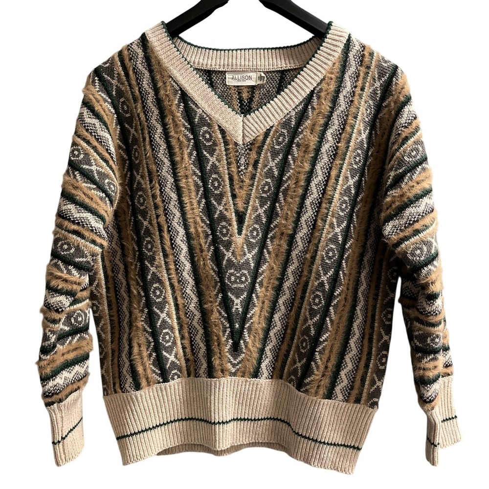 Allison New‎ York Sweater Womens OS Mixed Textured Print V Neck Fitted Grandpa